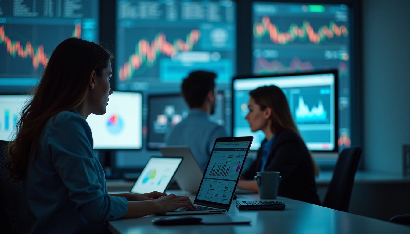 Wide angle view of a data analysis team working on screens