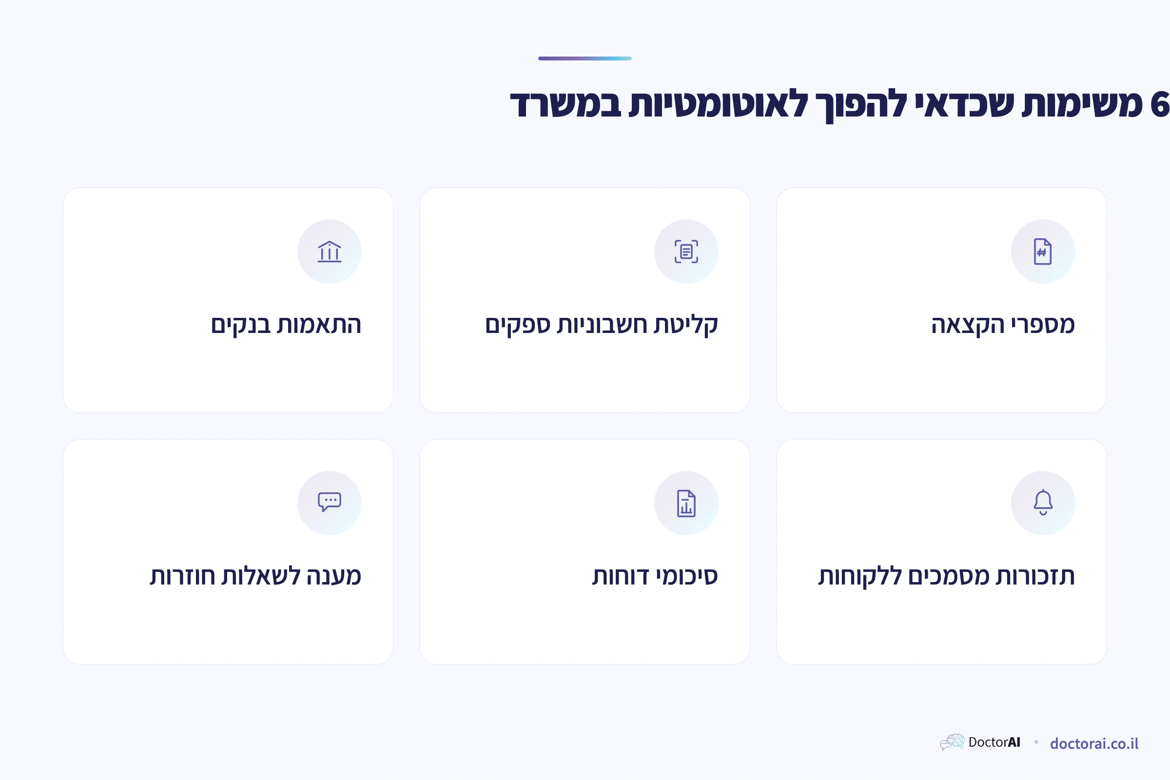 שש משימות במשרד רואי חשבון שכדאי להפוך לאוטומטיות עם AI: מספרי הקצאה, קליטת חשבוניות, התאמות בנקים, תזכורות לקוחות, סיכומי דוחות ומענה לשאלות