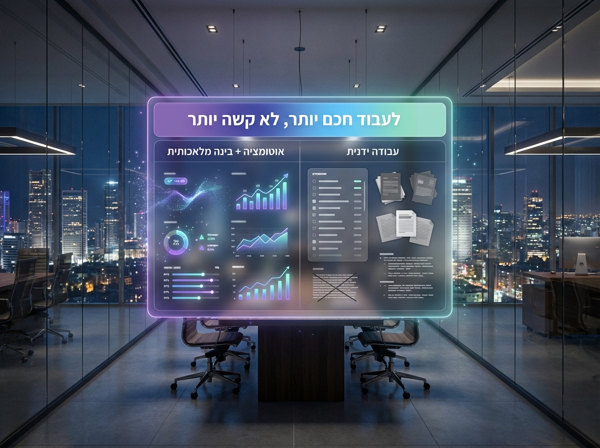 משרד ישראלי מודרני עם לוח דיגיטלי המשווה בין עבודה ידנית לבין אוטומציה ובינה מלאכותית.