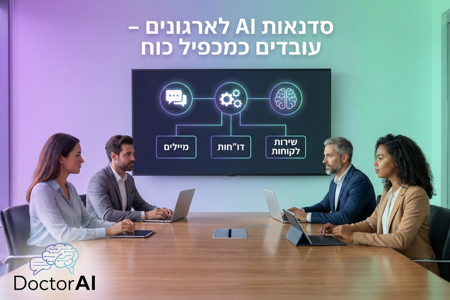 חדר ישיבות מודרני עם צוות עובדים סביב שולחן ומסך גדול המציג אייקוני AI ותהליכי עבודה מחוברים