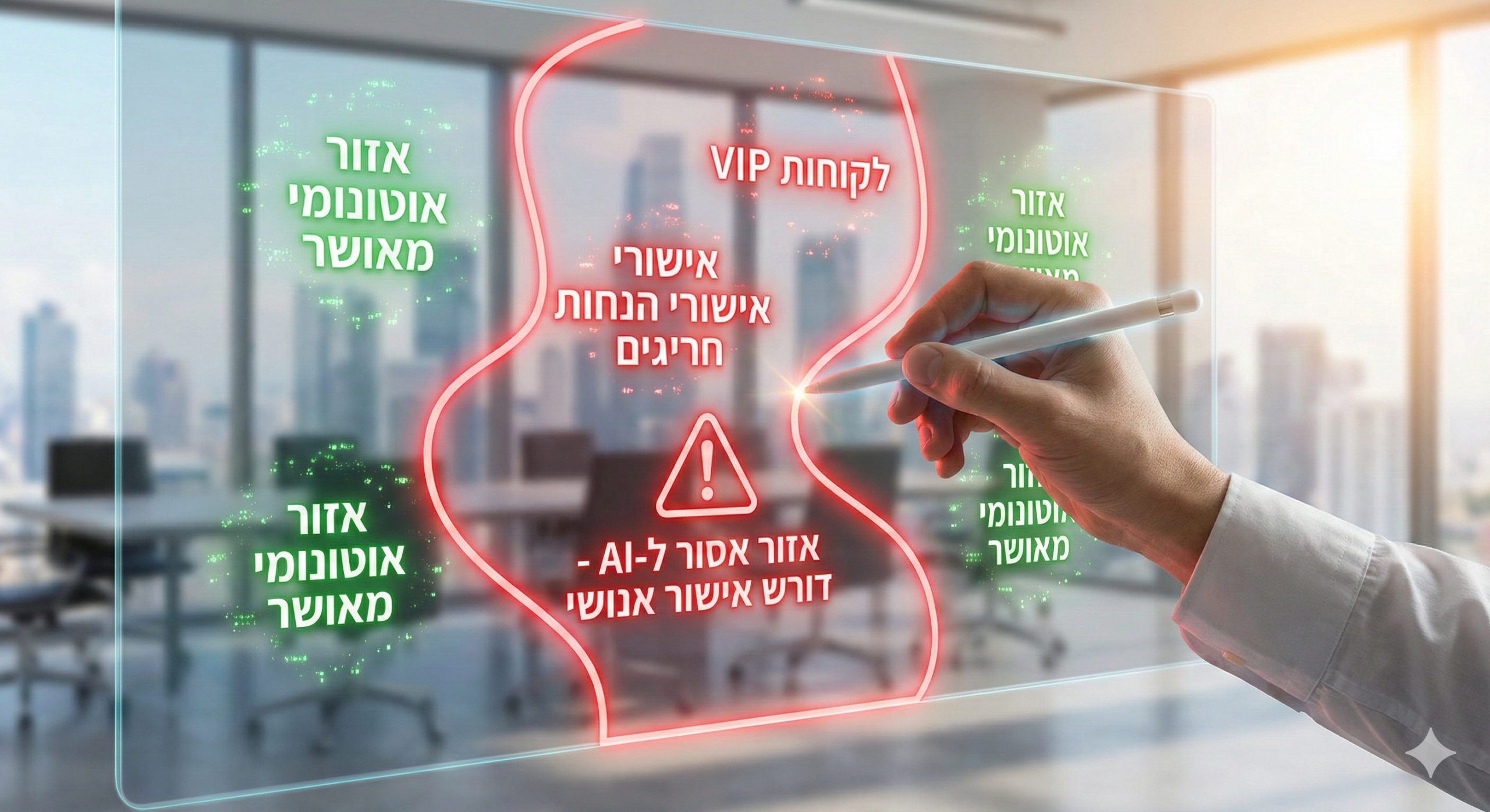 יד אנושית משרטטת גבולות וירטואליים אדומים על גבי ממשק מסך מגע שקוף. הכיתובים בעברית מגדירים אזורים כמו "לקוחות VIP" כ-"אזור אסור ל-AI - דורש אישור אנושי", לעומת "אזור אוטונומי מאושר".
