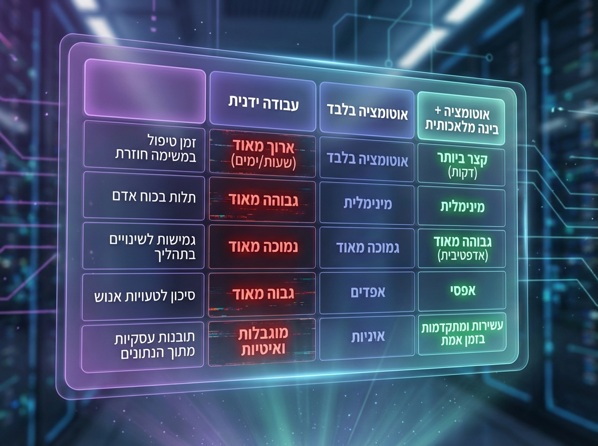 טבלת השוואה דיגיטלית המציגה את ההבדלים בין עבודה ידנית, אוטומציה בלבד ואוטומציה עם בינה מלאכותית.