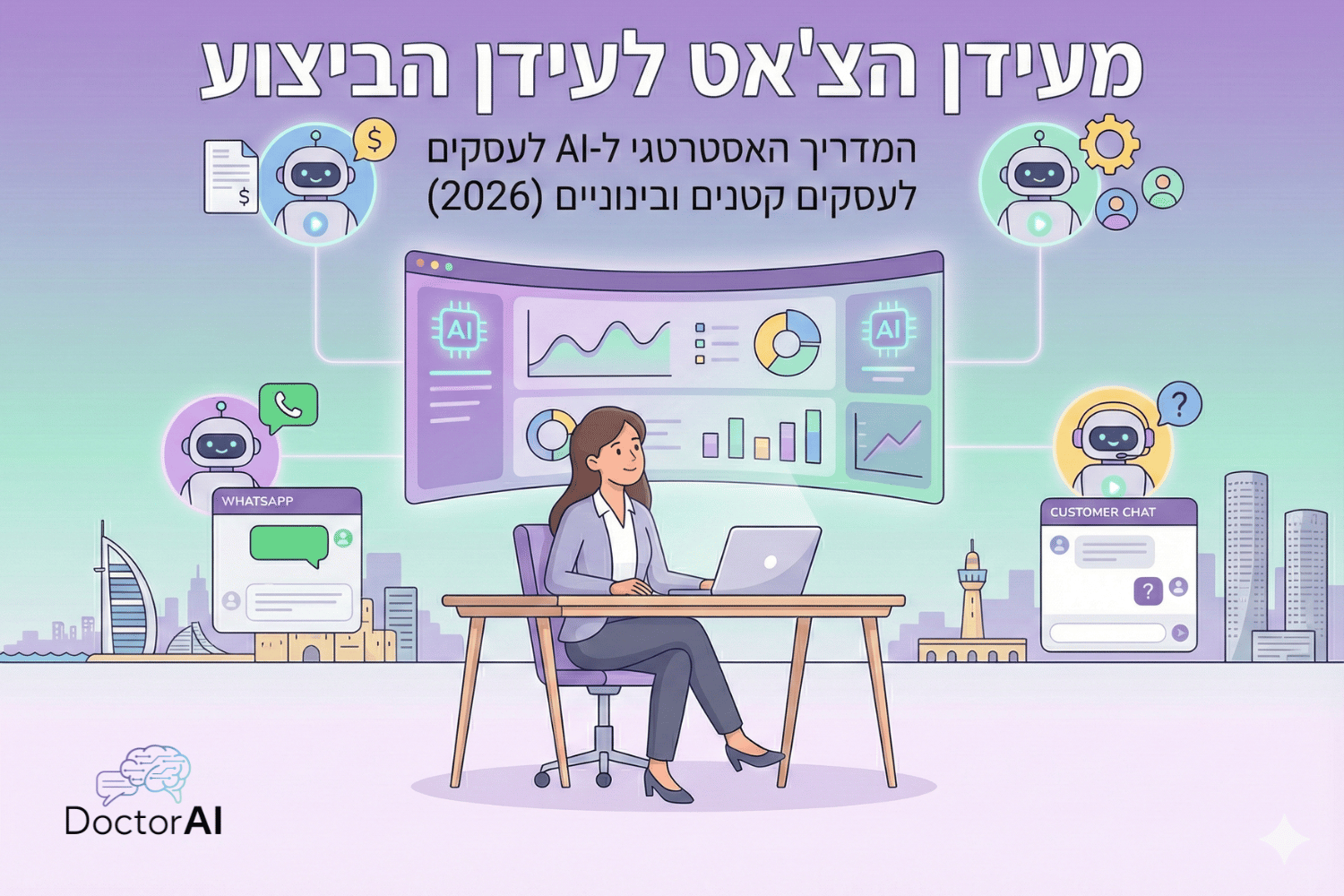 בעל עסק קטן בישראל מול לוח מחוונים דיגיטלי, מוקף סוכני AI כעובדים דיגיטליים החוסכים זמן וכסף.