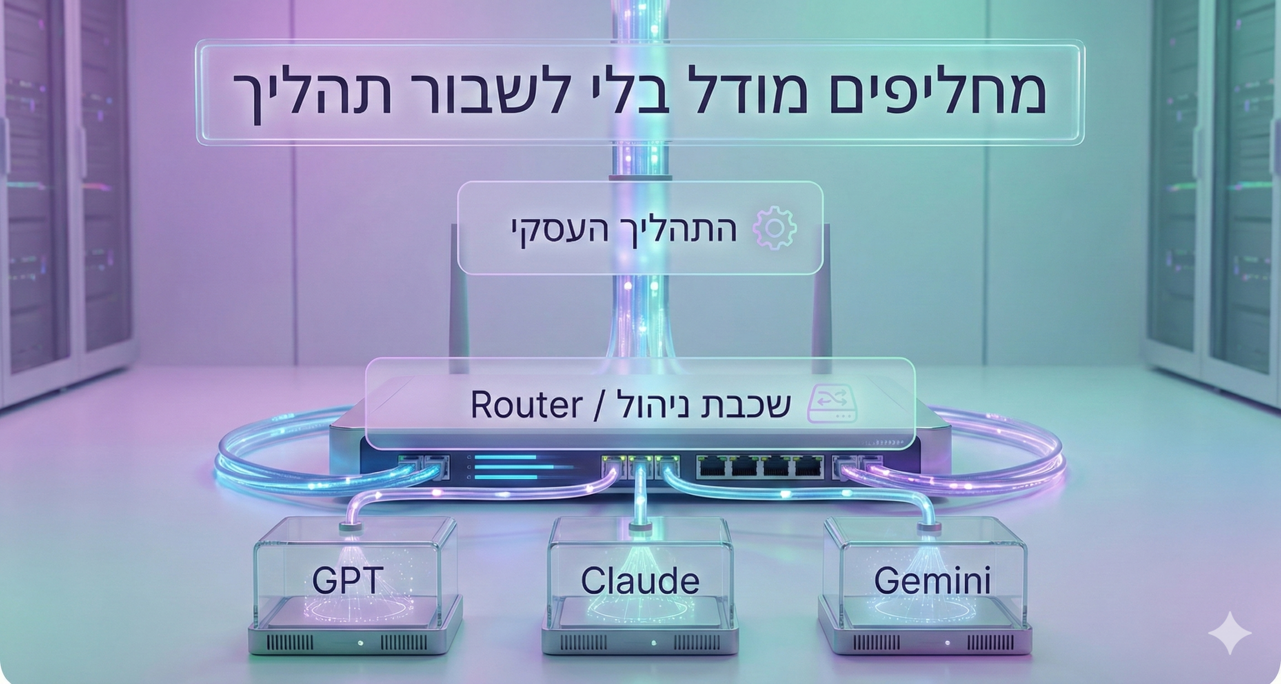 תרשים שכבות שמציג שכבת Router בין התהליך העסקי לבין כמה מודלי AI הניתנים להחלפה