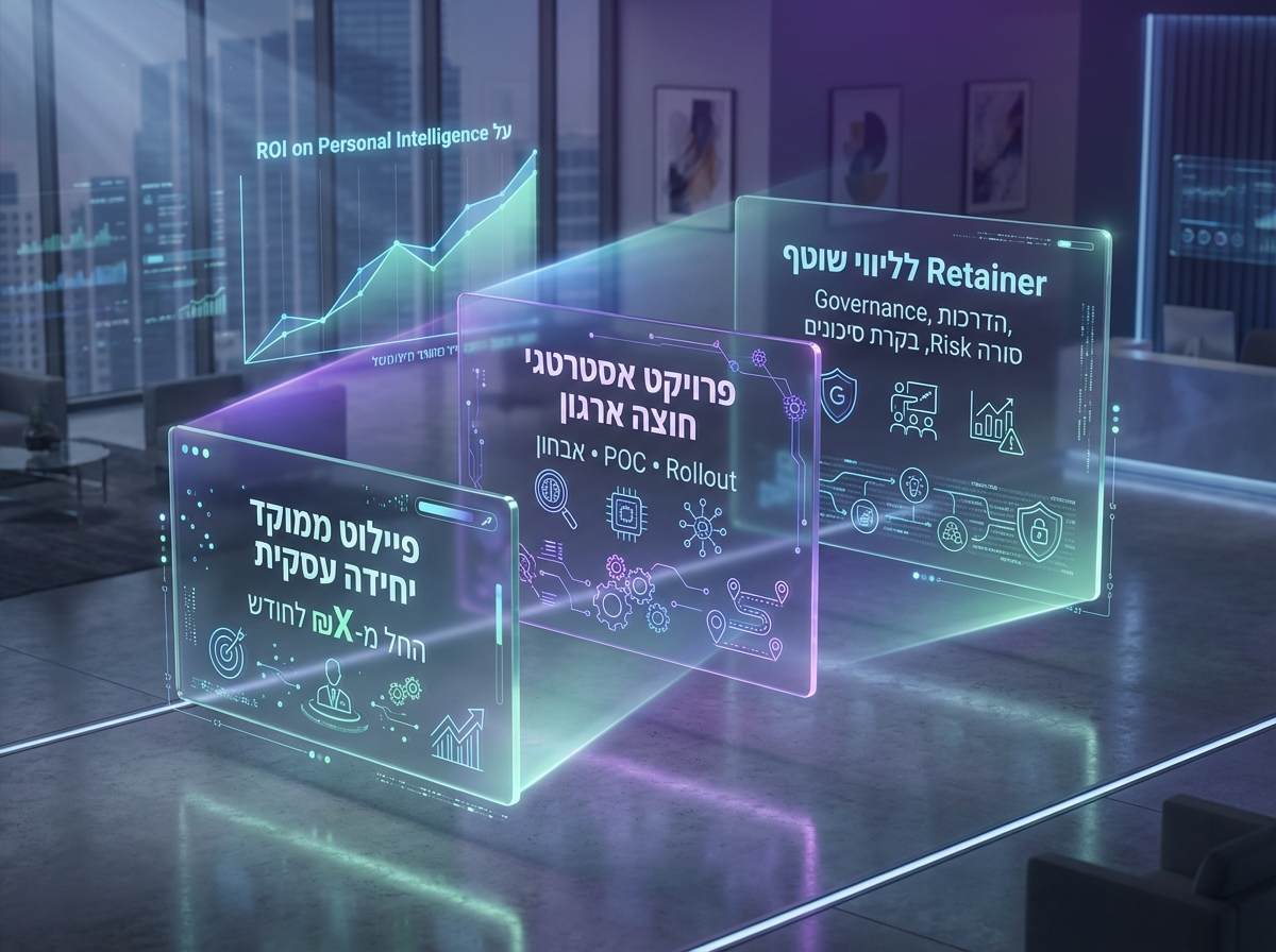 אינפוגרפיקה עסקית המציגה מודלים לתמחור פרויקטי AI ו‑Personal Intelligence בארגונים בישראל