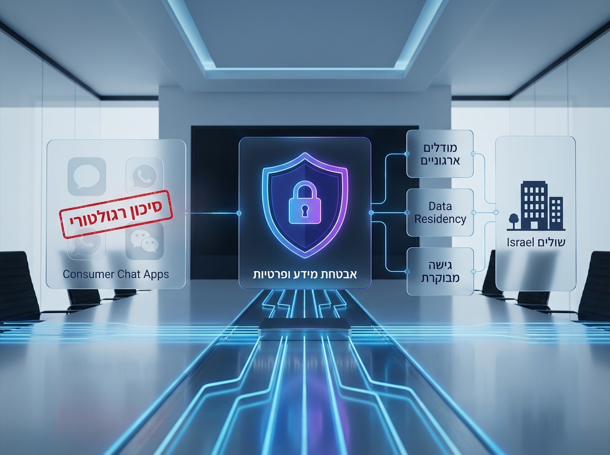 תרשים תשתית דיגיטלית מאובטחת המשווה בין כלים חינמיים מסוכנים לבין מודלים ארגוניים מנוהלים