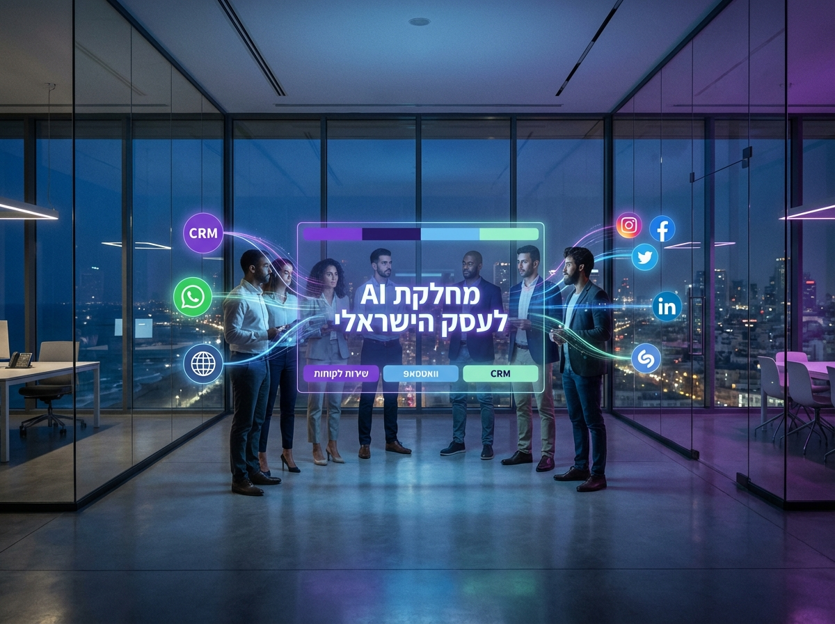 מנהלים ישראלים במשרד מודרני סביב לוח בקרה דיגיטלי הממחיש מחלקת AI מחוברת ל-CRM, וואטסאפ ואתר