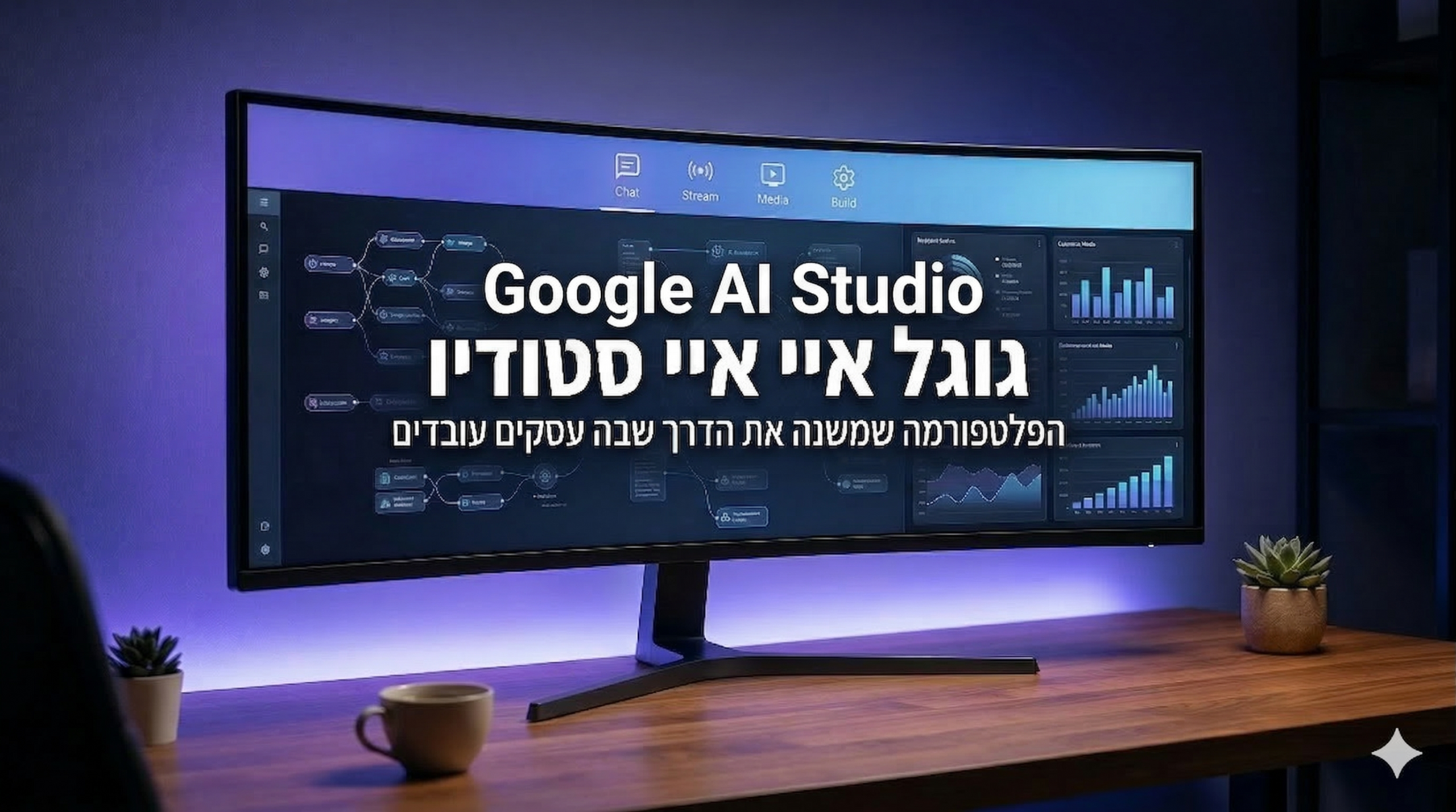 Google AI Studio 2026 - סביבת עבודה עם ממשק בינה מלאכותית על מסך רחב, תאורת סגול-כחול