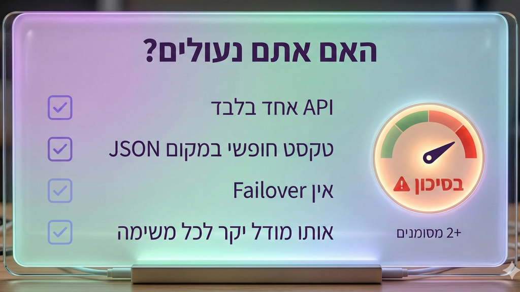 אינפוגרפיקה של צ׳ק-ליסט קצר לזיהוי תלות בספק AI אחד וחוסר מנגנוני Router ו-Failover.