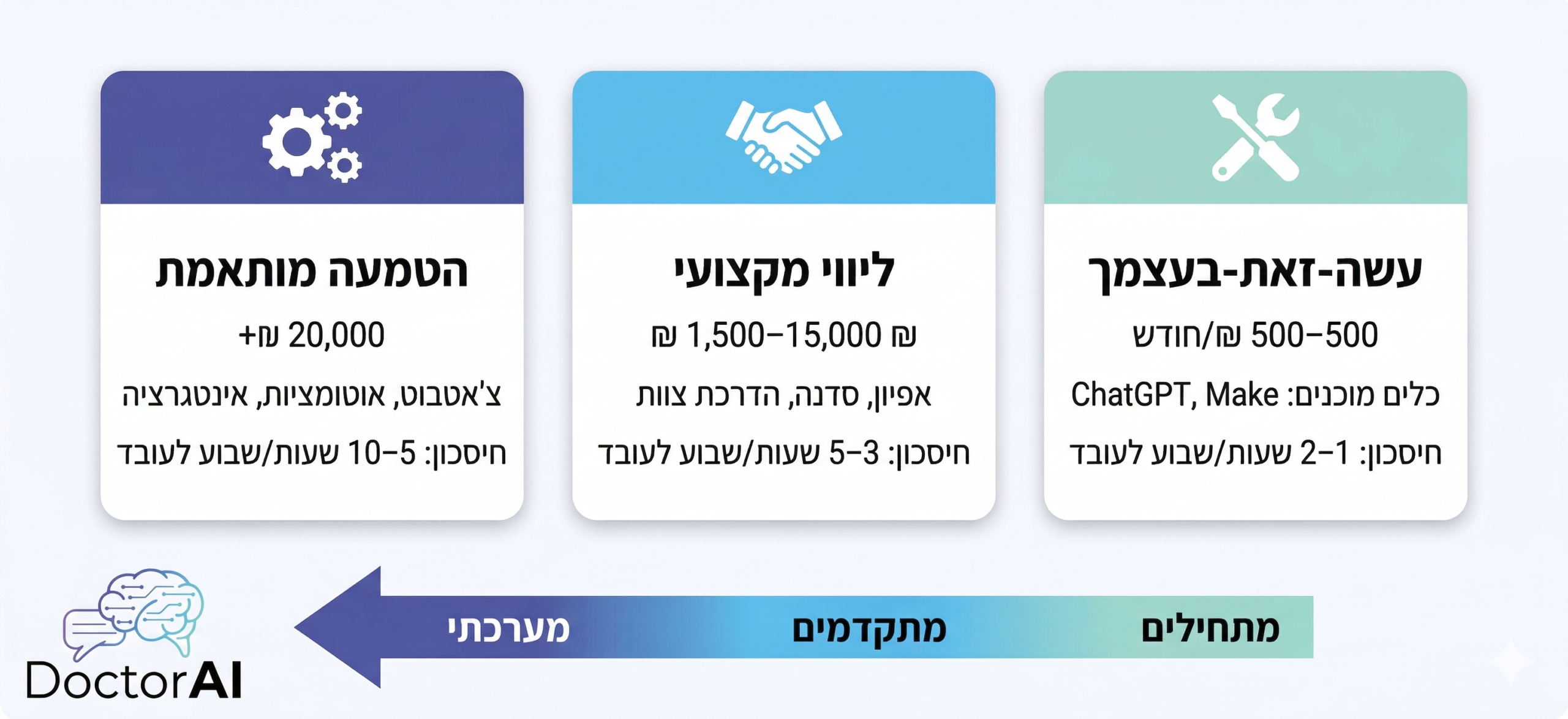 אינפוגרפיקה של שלוש רמות השקעה בהטמעת בינה מלאכותית לעסקים קטנים בישראל - עשה זאת בעצמך, ליווי מקצועי, והטמעה מותאמת -DoctorAI