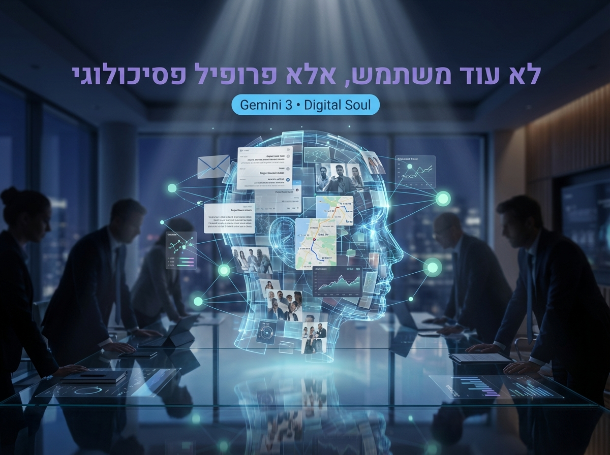 הולוגרמה של פרופיל דיגיטלי מורכב המציגה איך Gemini 3 בונה פרופיל פסיכולוגי ולא רק משתמש טכני