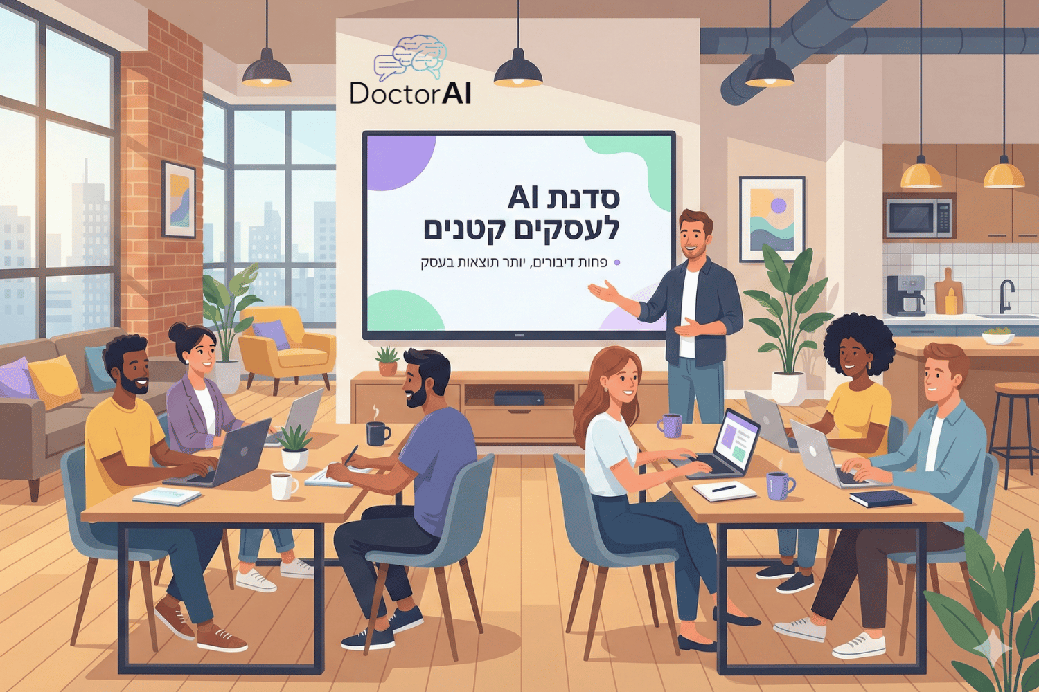 סצנת סדנה חיה של DoctorAI עם מרצה, מצגת בעברית ומשתתפים שעובדים על מחשבים ומתרגלים שימוש מעשי בכלי בינה מלאכותית.