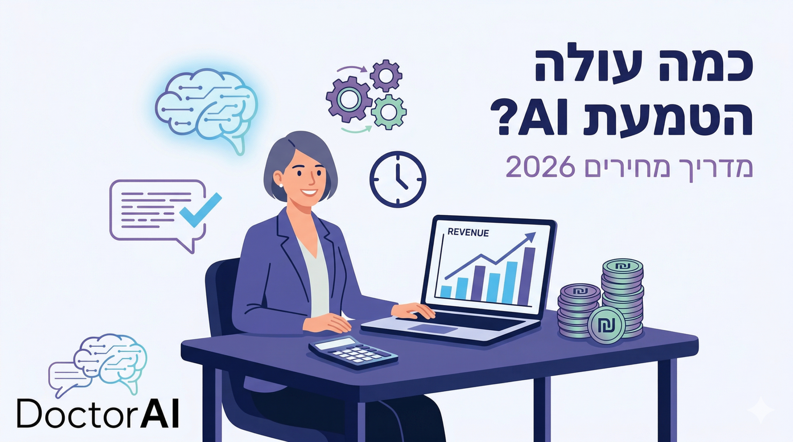 בעל עסק ישראלי מסתכל על דאשבורד AI עם כלי בינה מלאכותית לעסקים, צבעי DoctorAI סגול וכחול