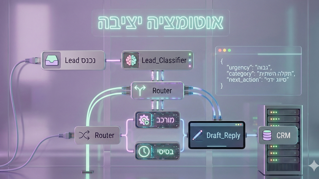 תרשים זרימה של טיפול בליד במערכת אוטומציה עם Router ופלט JSON קבוע שמתחבר ל-CRM