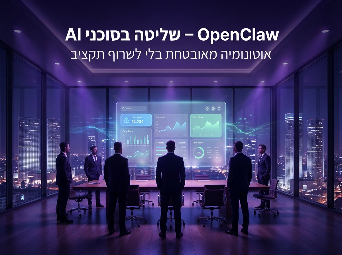 חדר ישיבות הייטק ישראלי עם דאשבורד שקוף המציג שליטה בסוכני OpenClaw ועלויות טוקנים.