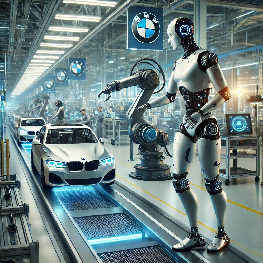 רובוטים אנושיים בעבודה במפעל ההרכבה של BMW, חלק משיתוף פעולה פורץ דרך לשילוב בינה מלאכותית (AI) בתעשייה.
