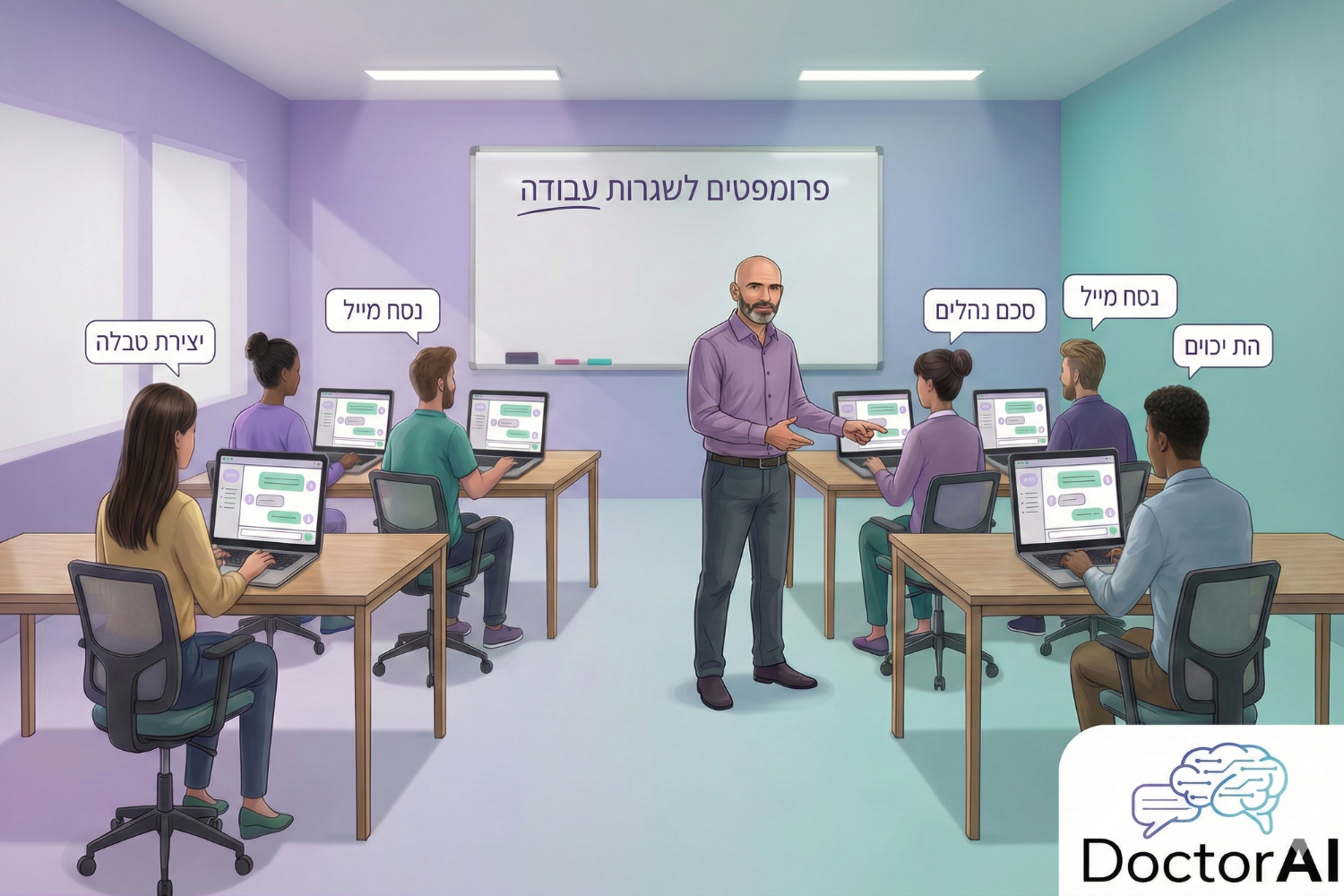 משתתפים בסדנת AI יושבים עם מחשבים ניידים ומתרגלים כתיבת פרומפטים ותהליכי עבודה בליווי המנחה