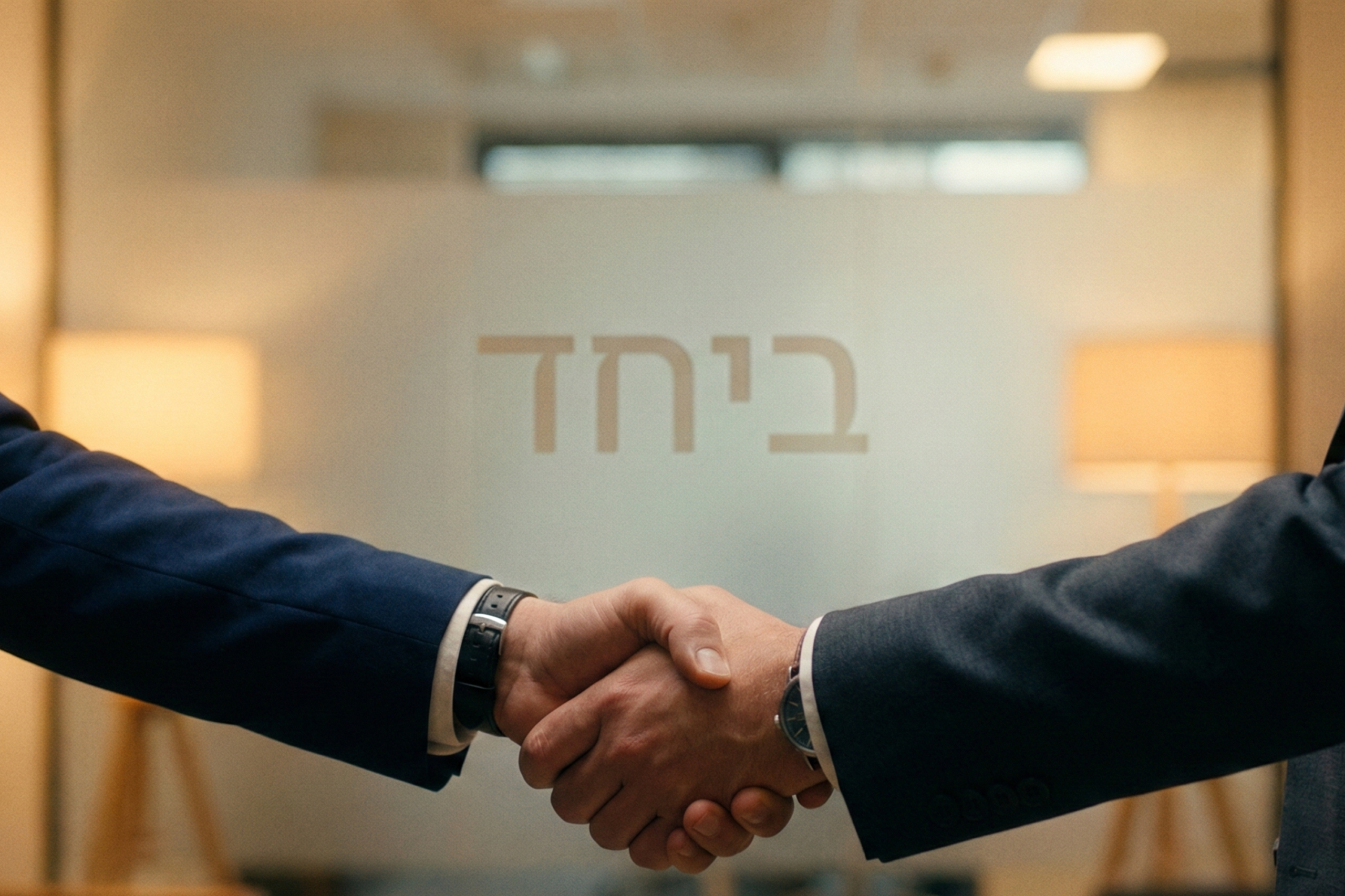 לחיצת יד עסקית בין יועץ ללקוח המייצגת שותפות, ברקע קיר זכוכית עם הכיתוב ״ביחד״.
