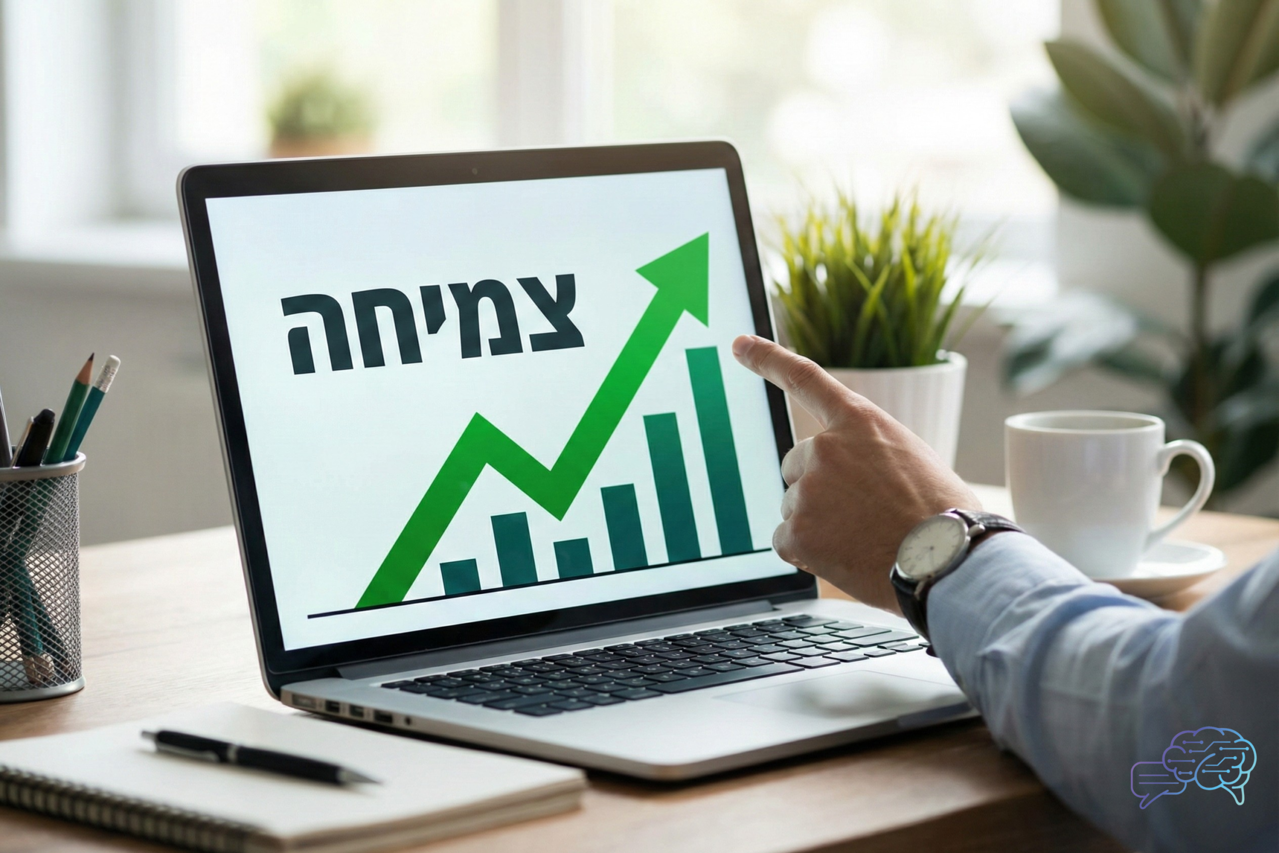 מסך לפטופ המציג גרף פיננסי ירוק במגמת עלייה חדה, עם הכותרת "צמיחה" בעברית בראש הגרף