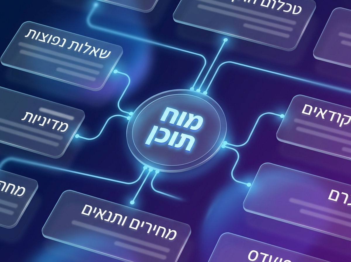 ממשק דיגיטלי מופשט המציג מוח תוכן של העסק המחבר שאלות נפוצות, מדיניות ומחירים.