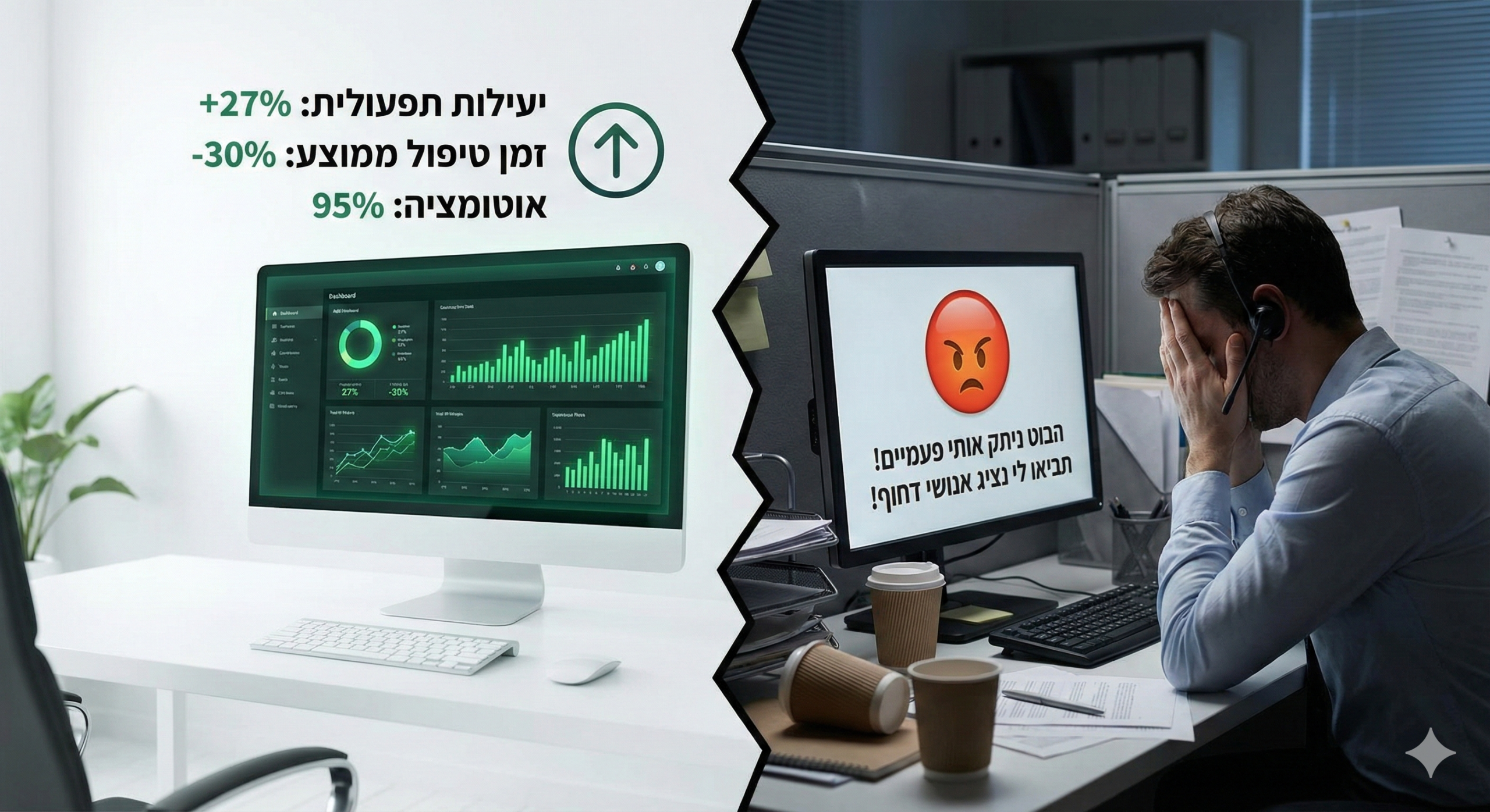 תמונה מפוצלת: בצד שמאל מסך ניהול עם גרפים ירוקים וכיתוב בעברית המראה עלייה ביעילות, ובצד ימין נציג שירות אנושי לחוץ מול תלונת לקוח זועמת בעברית על הבוט האוטומטי.