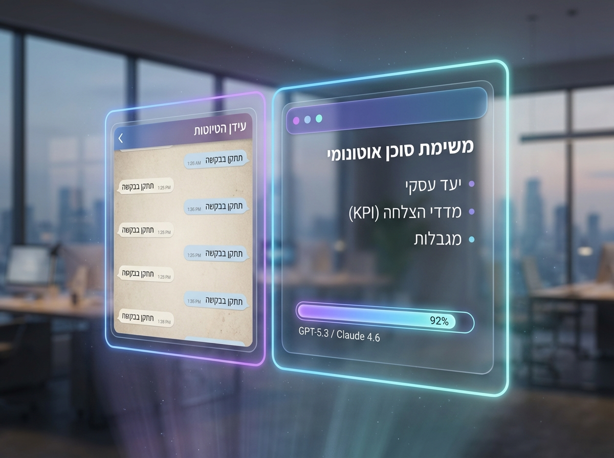מסך של מרכז פיקוד AI המציג מעבר מעידן הטיוטות למשימות סוכן אוטונומי ב-GPT‑5.3