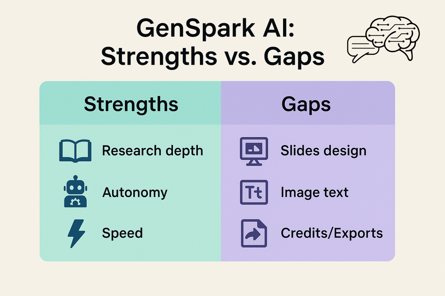חוזקות מול פערים ב-Genspark: עומק מחקר/אוטונומיה/מהירות מול עיצוב שקפים/טקסט בתמונה/ייצוא וקרדיטי