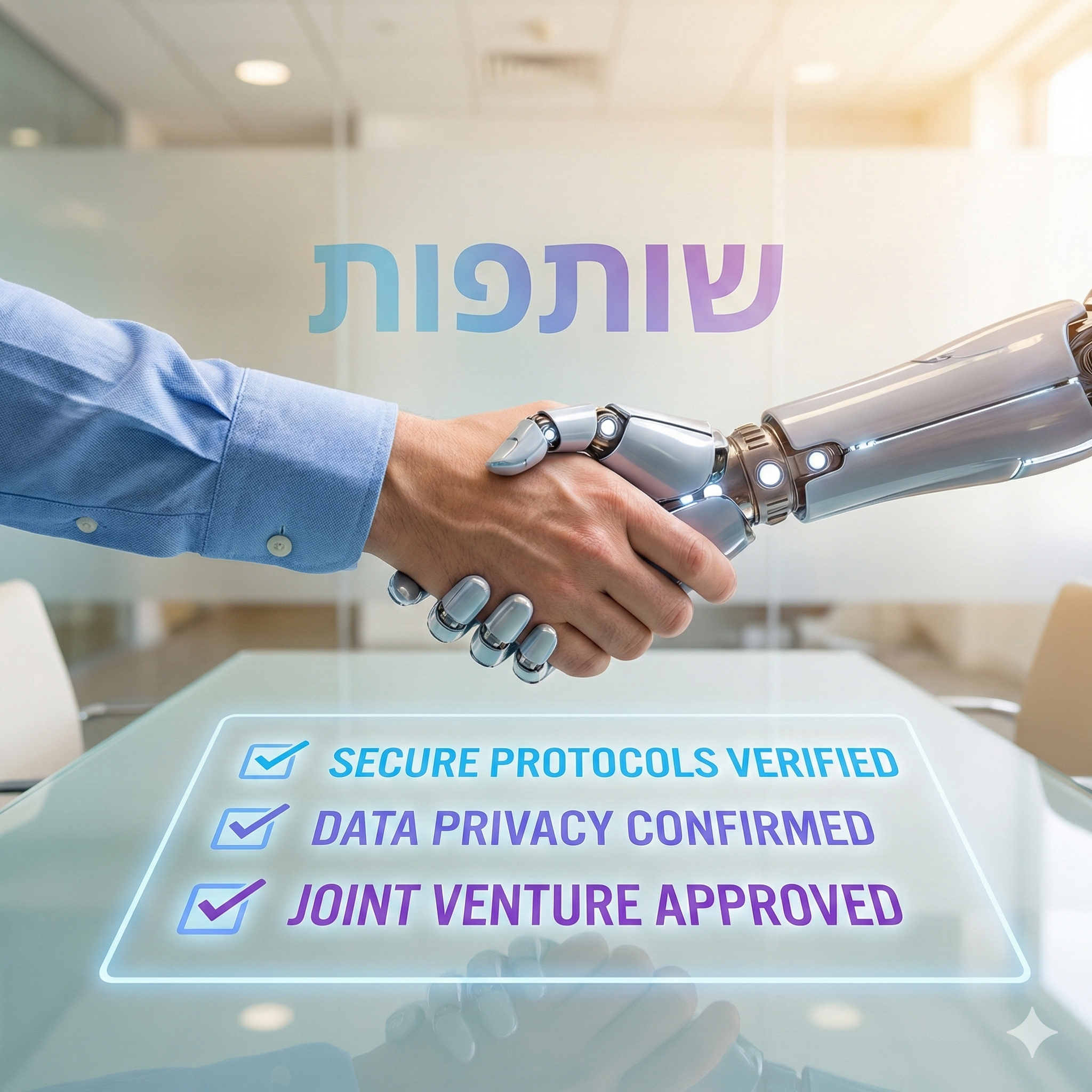 לחיצת יד בין אדם ל-AI המייצגת עבודה בטוחה ומנוהלת