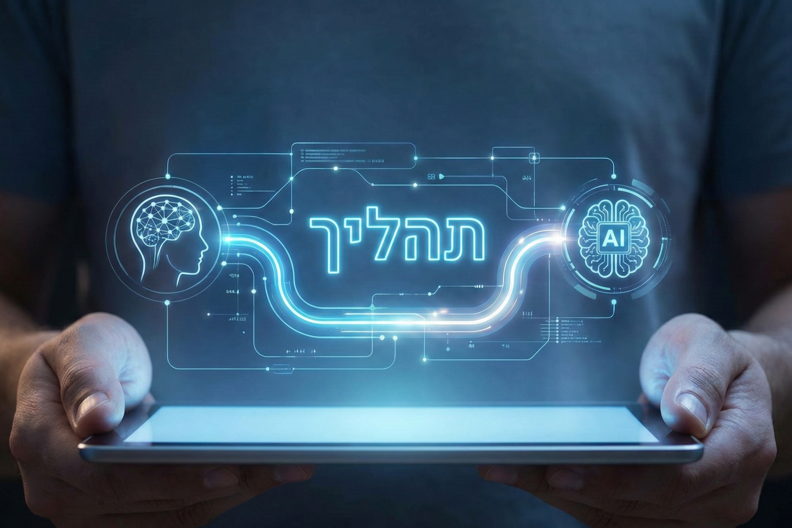אדם אוחז בטאבלט המציג תרשים זרימה דיגיטלי זוהר, שבמרכזו המילה "תהליך" כחלק מתהליך עבודה חכם.