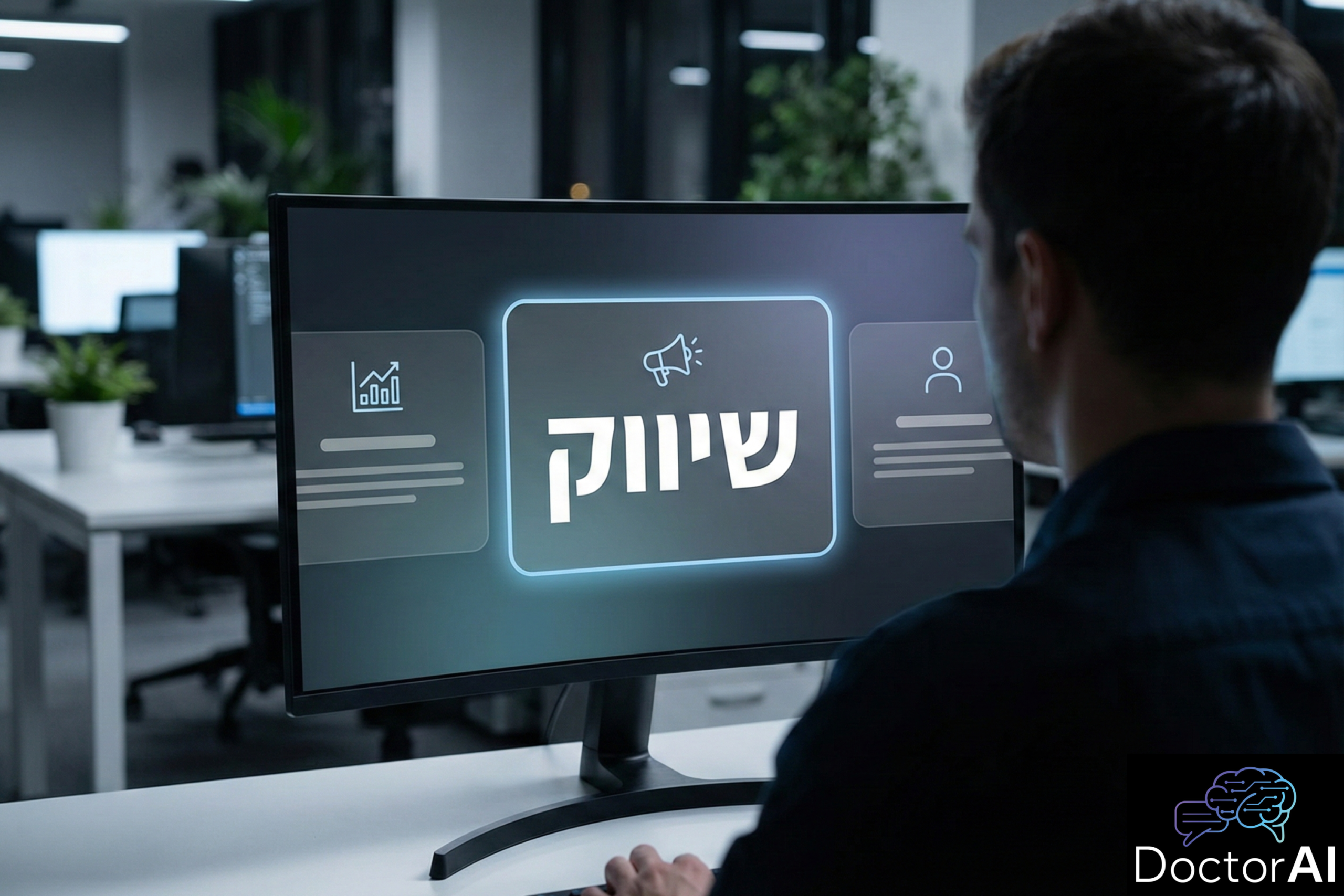 מסך מחשב המציג ממשק ניהול עסקי, עם כרטיסייה מרכזית מודגשת ועליה הכיתוב "שיווק" בעברית.