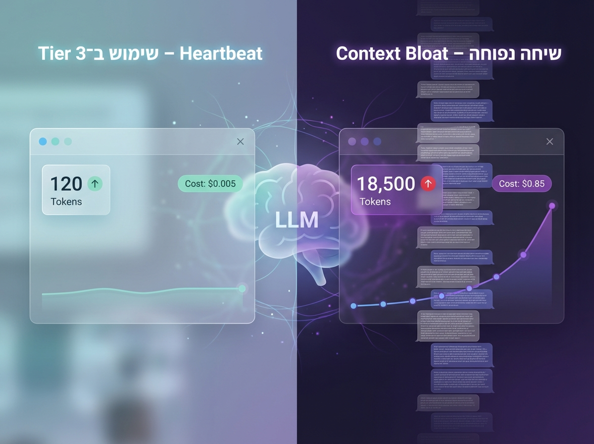 השוואה ויזואלית בין Heartbeat חכם וזול לבין שיחה נפוחה שיוצרת Context Bloat ועלויות גבוהות.