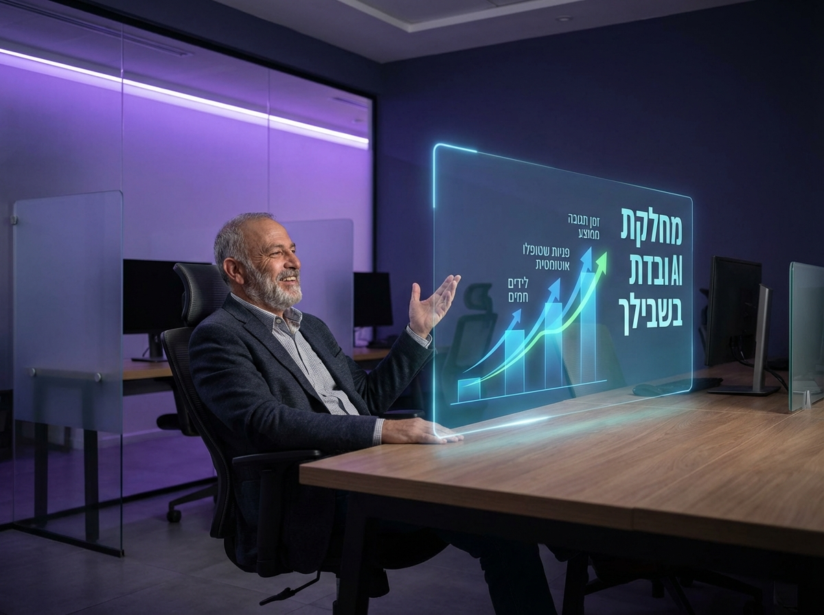בעל עסק ישראלי צופה בדשבורד בינה מלאכותית המציג שיפור בזמן תגובה וטיפול אוטומטי בפניות