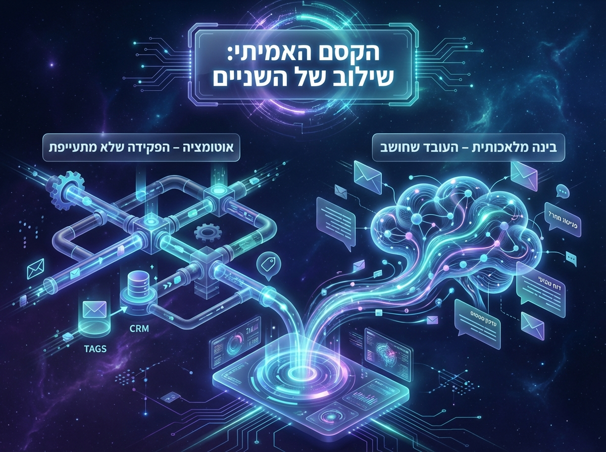 ייצוג חזותי של ההבדל בין אוטומציה לבינה מלאכותית וכיצד שילוב ביניהם יוצר תהליך חכם יותר.